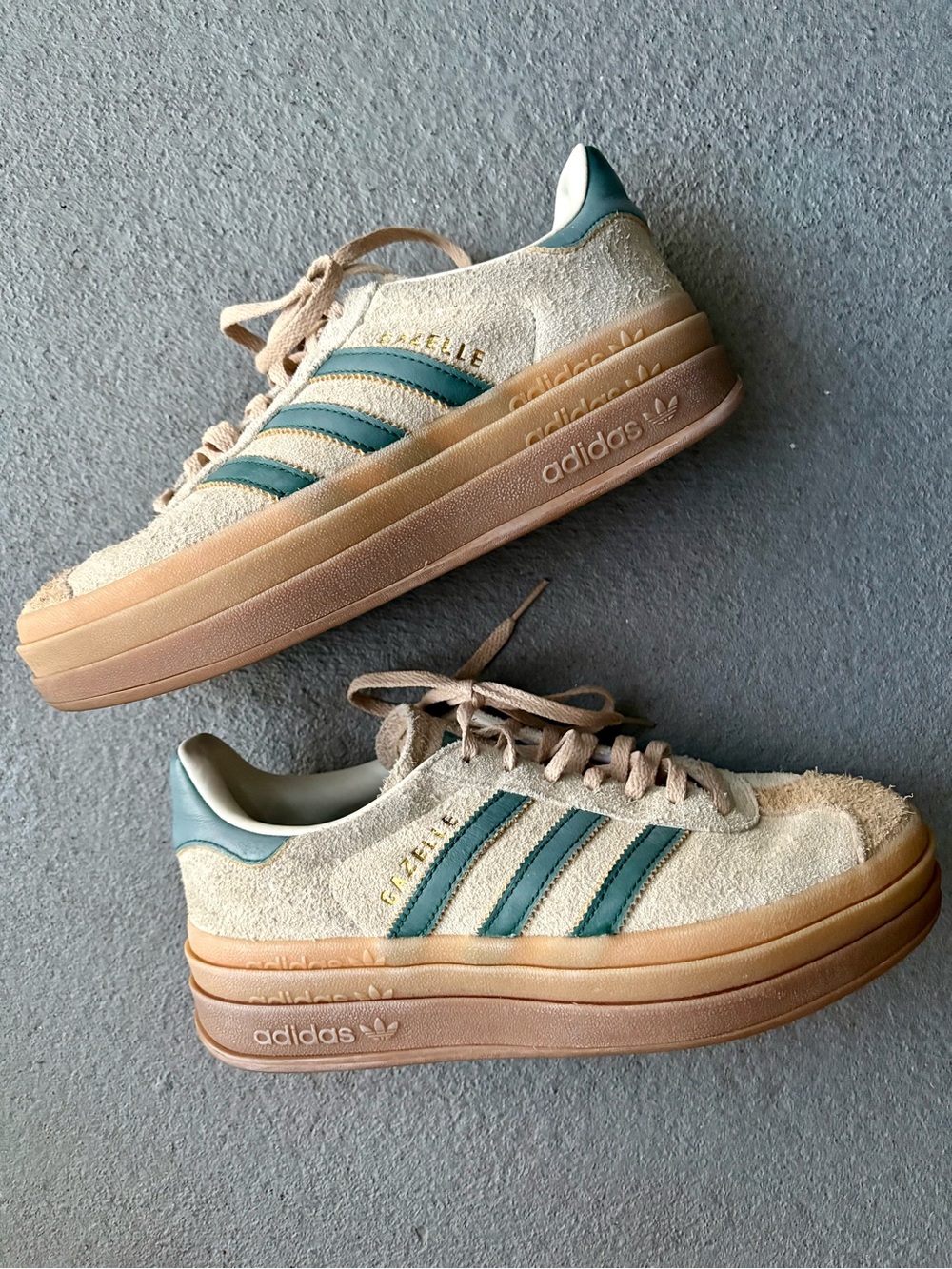 Adidas Gazelle Bold Sneakers- Magic Beige/ Collegiate Green- triple gum sole